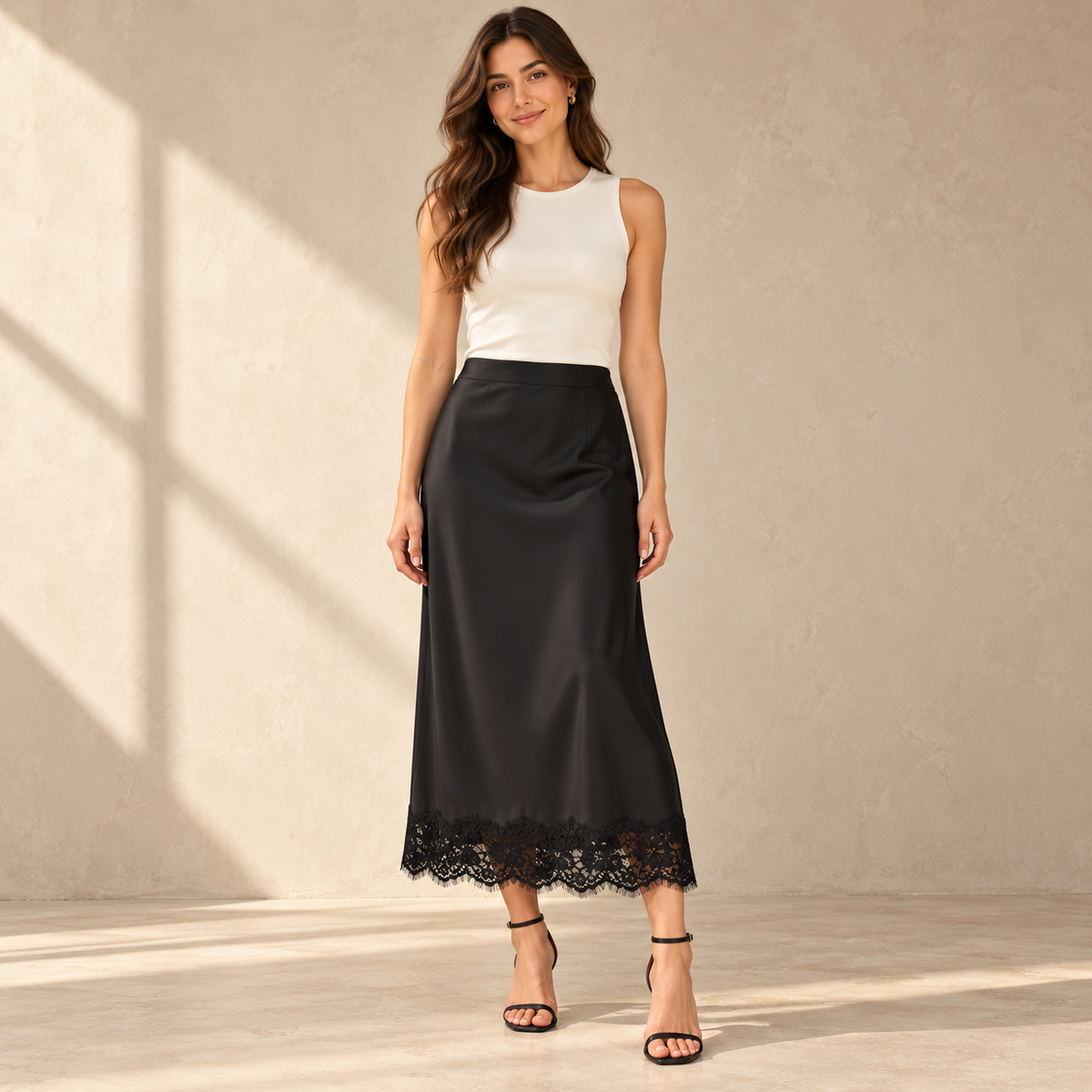 Falda midi negra con detalle de encaje